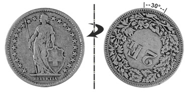 2 Franken 1875, 30° verdreht