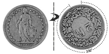 2 francs 1965, 330° rotated