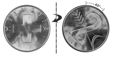 2 centimes 1948, 45° rotated