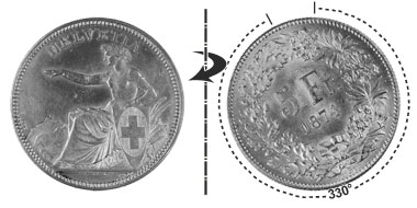 5 francs 1874 B., 330° tourné