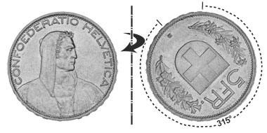 5 francs 1928, 315° rotated