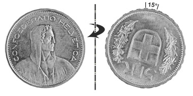 5 francs 1931, 15° rotated