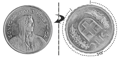 5 Franken 1954, 315° verdreht