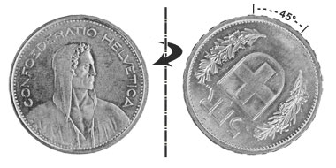 5 francs 1931, 45° rotated