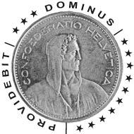 5 Franken, 1967, 3 Sterne DOMINUS über Kopf