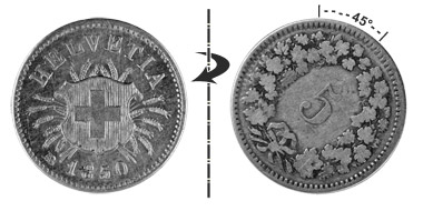 5 centimes 1850AB, 45° tourné