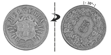 5 centimes 1874, 30° rotated