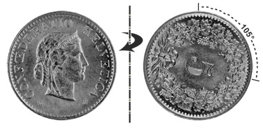5 centimes 1967, 105° rotated