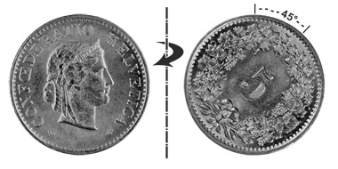 5 centimes 1925, 45° tourné