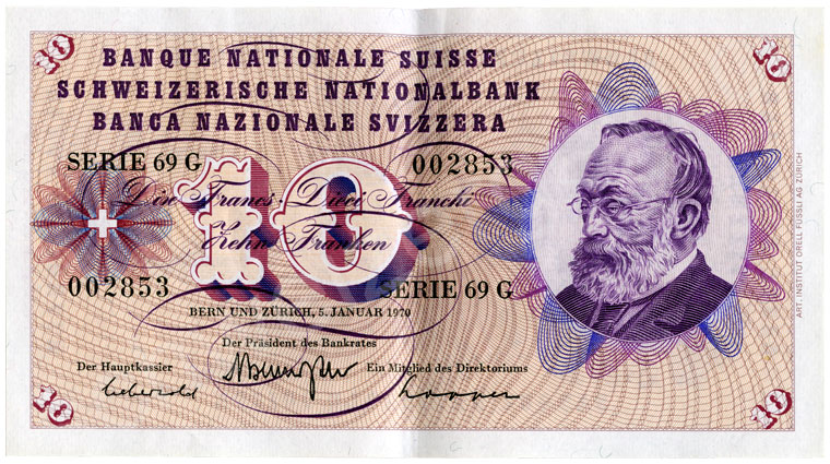 1000 Swiss francs, 1967, grading almost uncirculated
